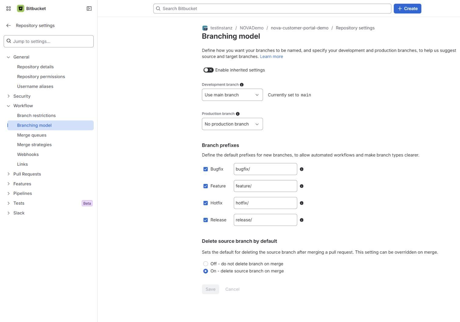 Bitbucket-Einstellungen zum Branching-Modell mit Branches für Features, Bugfixes, Hotfixes und Releases.
