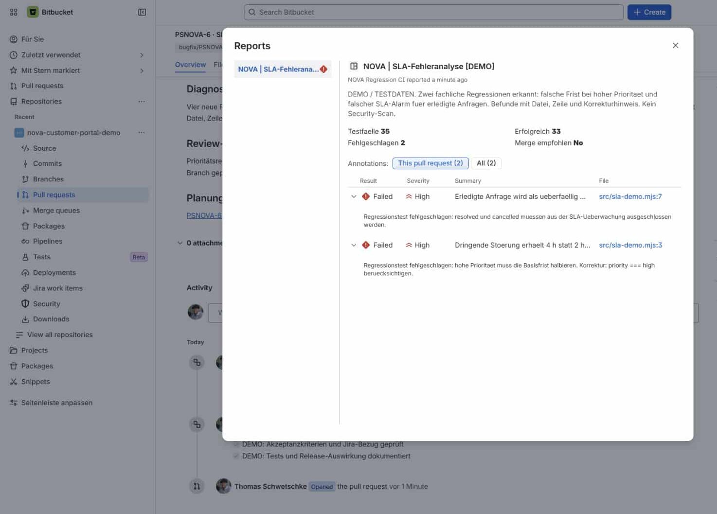 Bitbucket Pipeline mit vier erfolgreichen Schritten für Qualitätsprüfung, Build, Staging und Produktion sowie geöffnetem Build-Log.