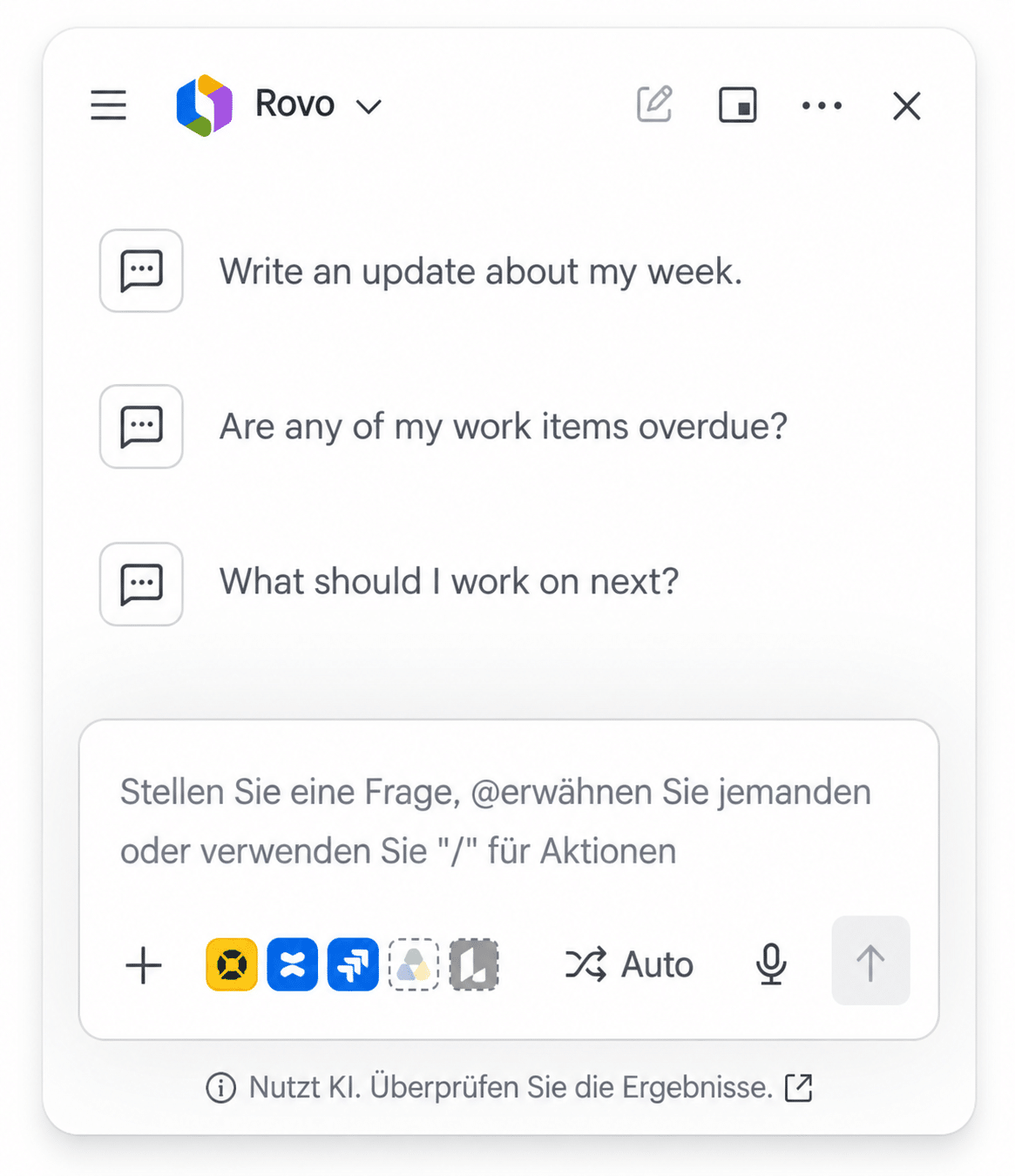 Standarddialog mit Atlassian Rovo in Confluence inklusive Gesprächsvorschlägen