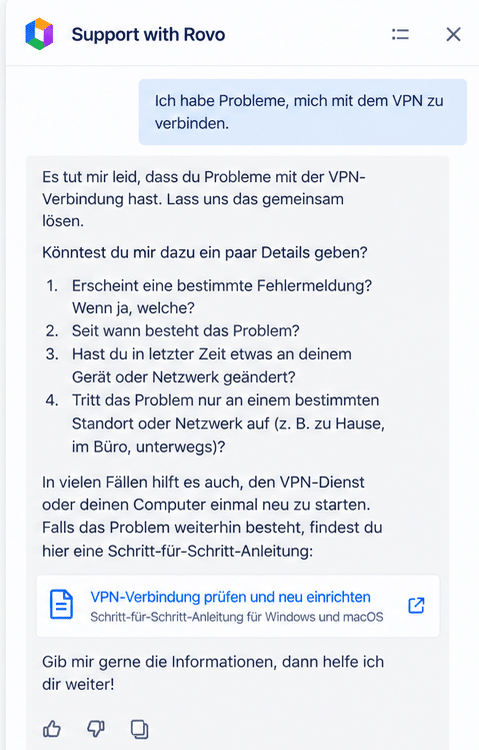Atlassian Rovo im Jira Service Management Helpdesk mit Hilfeartikel und direkter Problemlösung