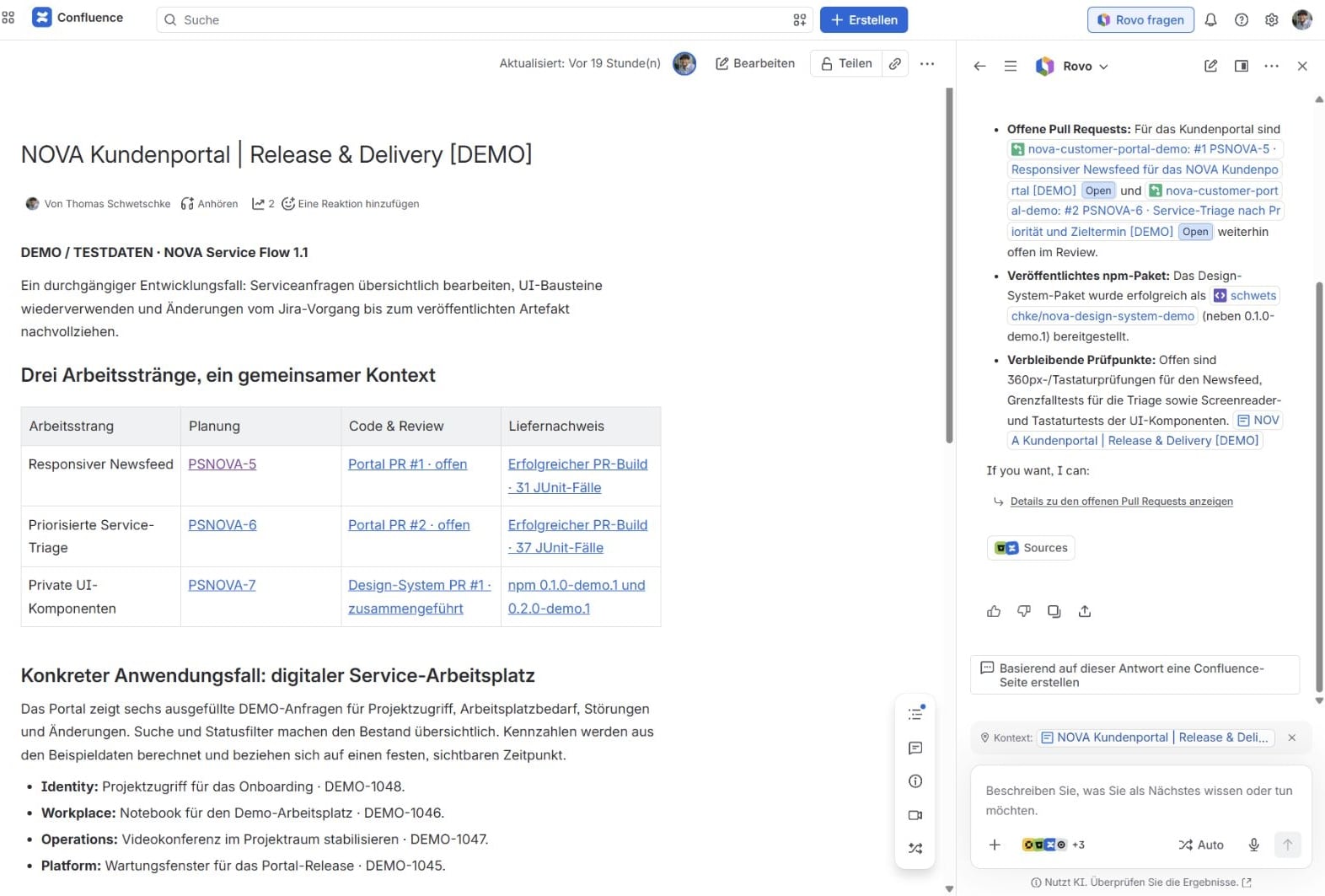 Confluence-Seite mit Jira-Aufgaben, Bitbucket-Pull-Requests und Release-Dokumentation. Rovo fasst offene Reviews, Softwarepakete und Prüfungen zusammen.