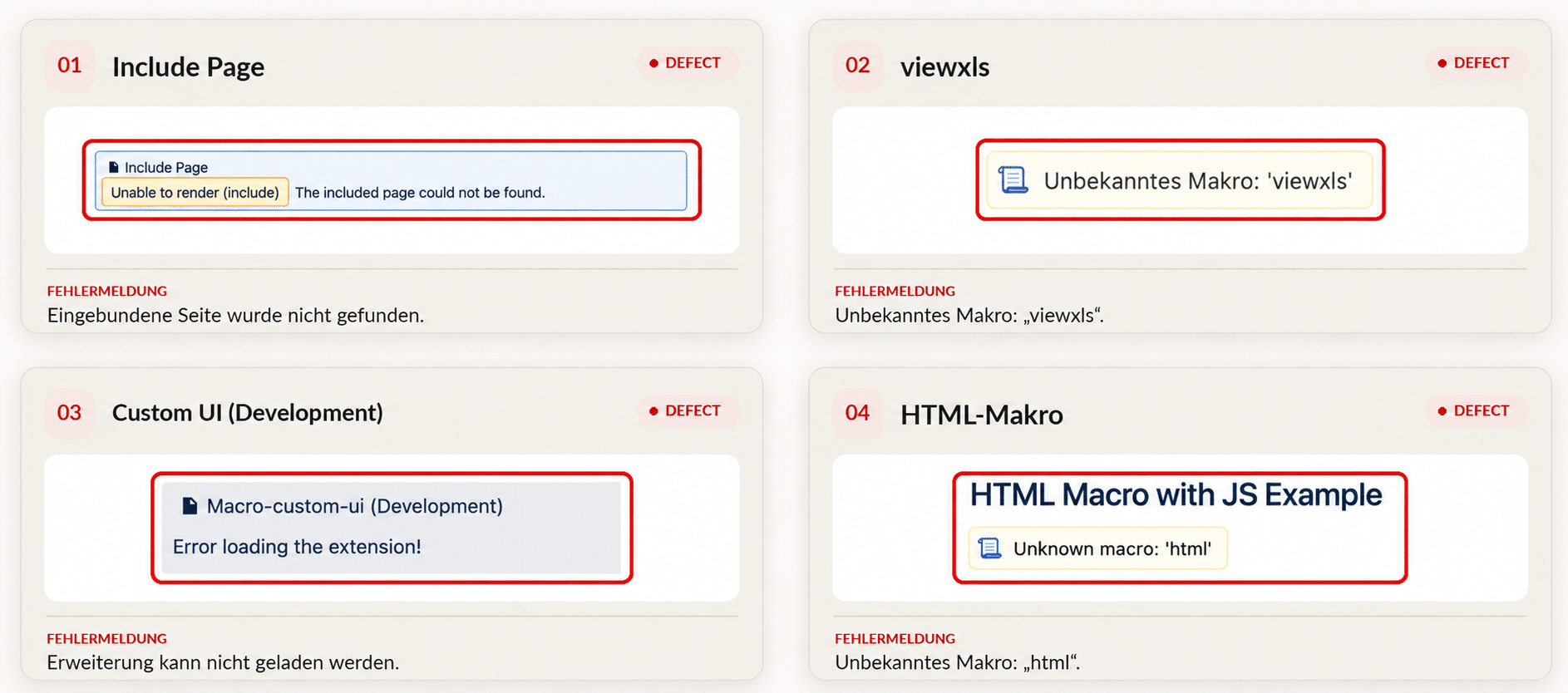 Screenshot einer Confluence-Seite mit vier defekten Makros, die nicht mehr korrekt dargestellt werden