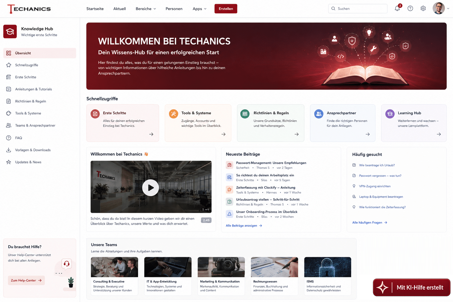 Ein Confluence Intranet als Knowledge Hub bündelt Anleitungen, FAQs, Richtlinien und Ansprechpartner in einer zentralen und leicht durchsuchbaren Wissensplattform.