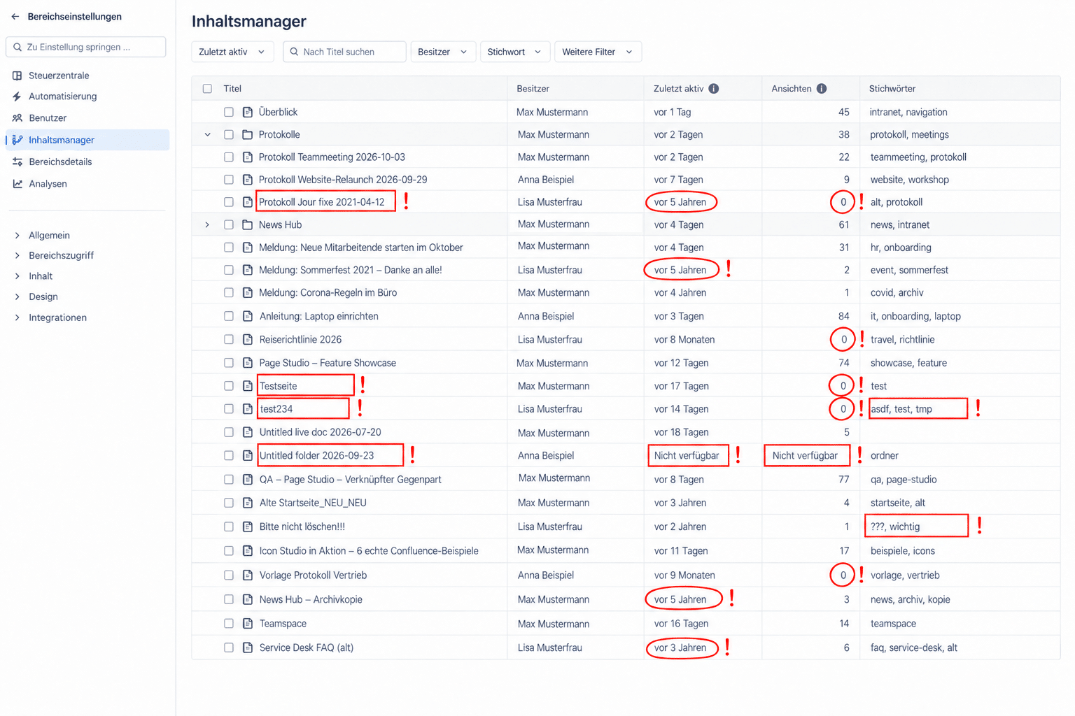 Screenshot des Confluence Cloud Content Managers mit Filtern für Aktivität, Status und Verantwortliche