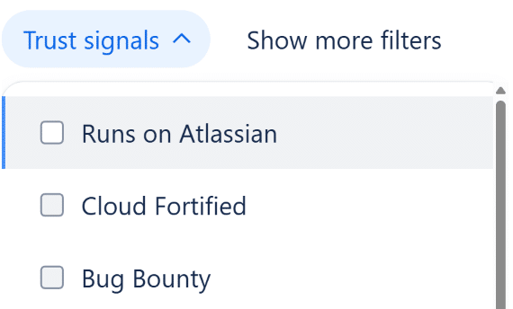 Trust-Filter für Confluence Apps im Atlassian Marketplace mit Sicherheits- und Compliance-Nachweisen