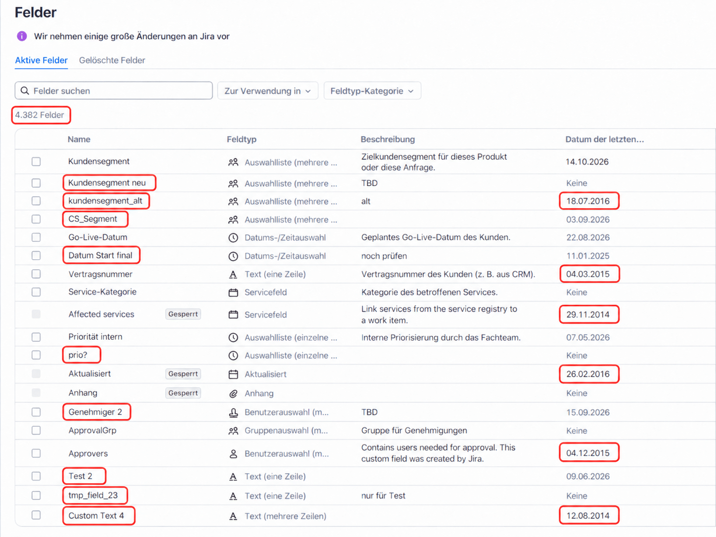 Jira-Feldkonfiguration mit zahlreichen Custom Fields