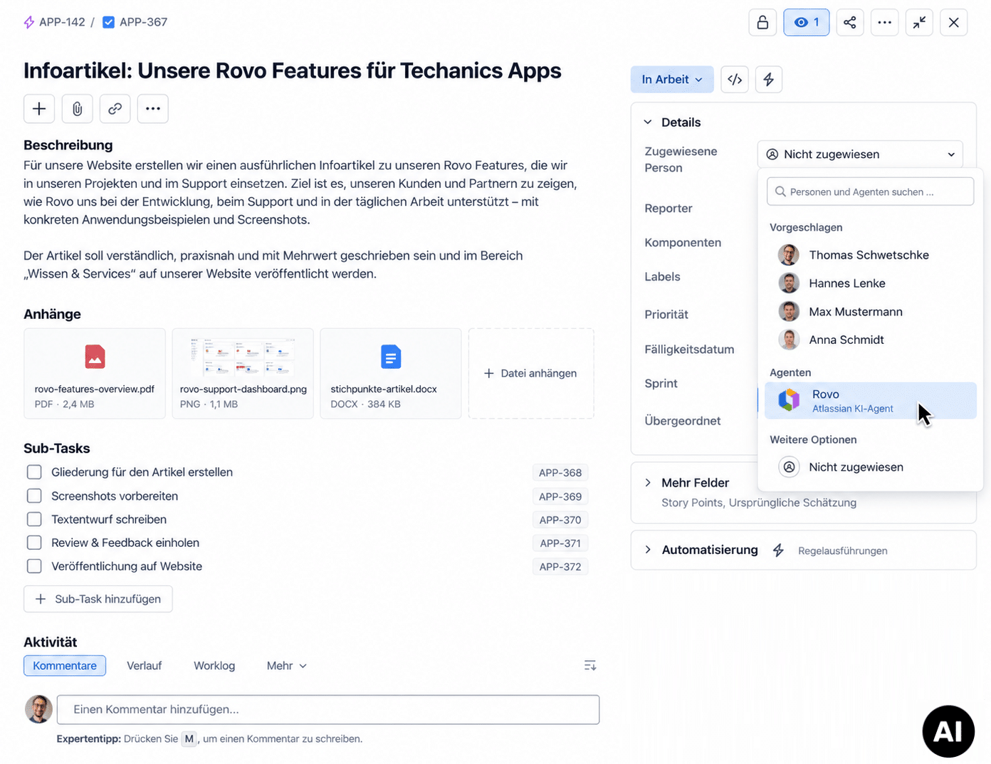 Atlassian Rovo Agent in Jira für JQL-Suche, Work Items, Statusänderungen und automatisierte Backend-Aktionen.