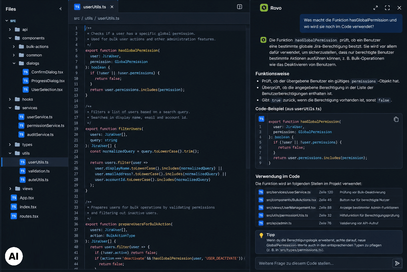 Rovo Dev in Bitbucket für Pull Requests, Code Reviews, Jira-Kontext und Unterstützung im Entwicklungsworkflow