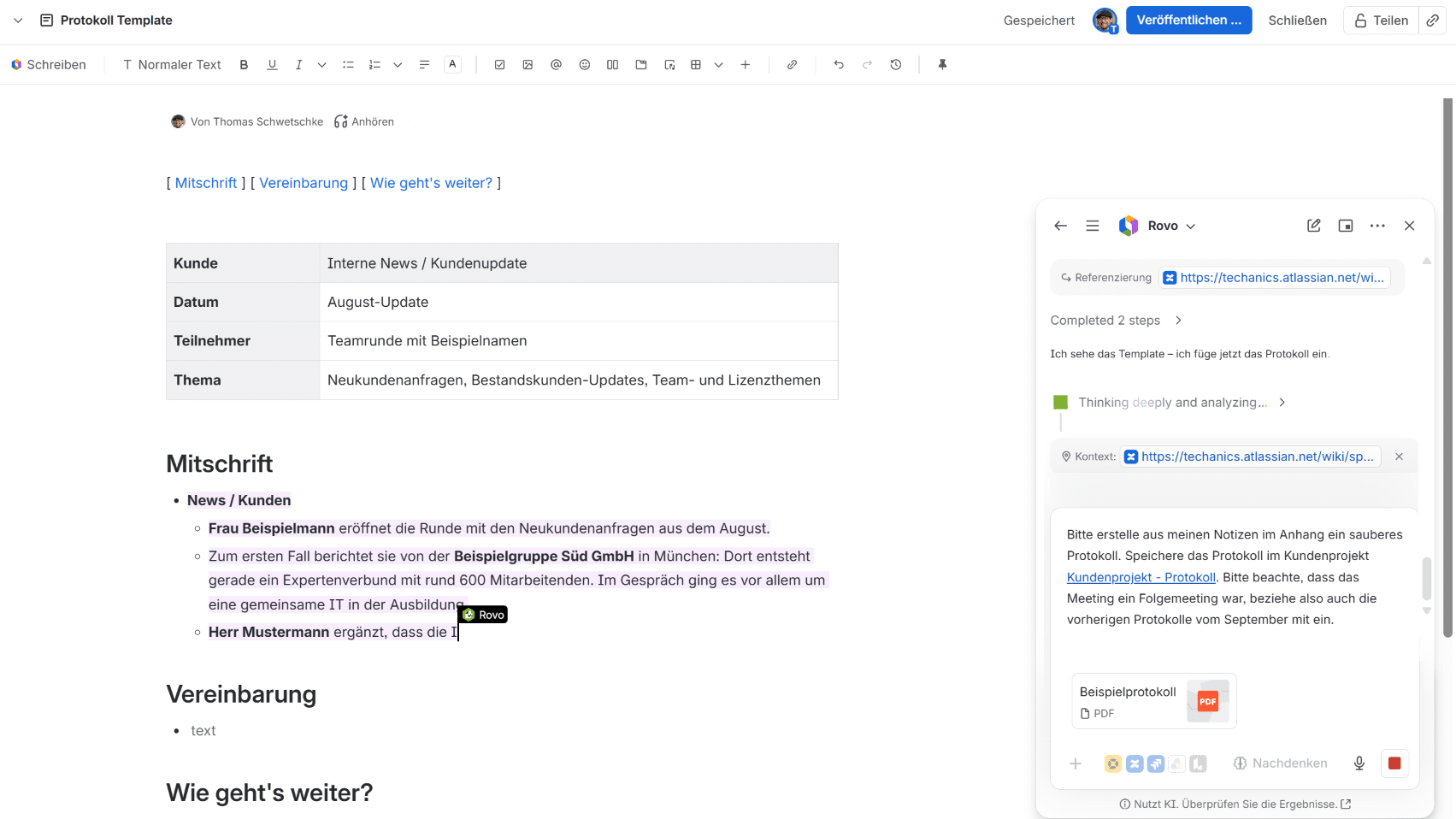 Atlassian Rovo in Confluence für Wissensseiten, Dokumentation, Vorlagen, Diagramme und strukturierte Inhalte.