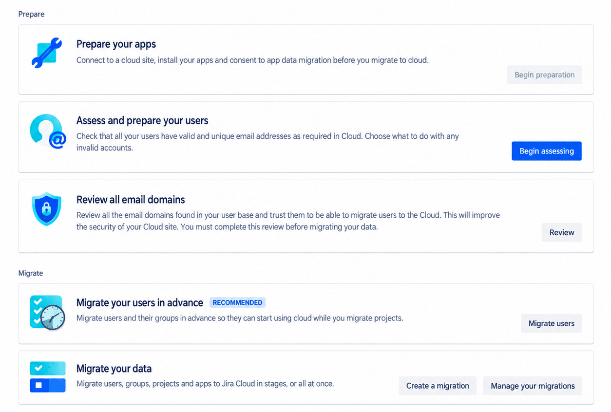  Screenshot aus dem Atlassian Migration Assistant mit den zentralen Bereichen einer Cloud Migration