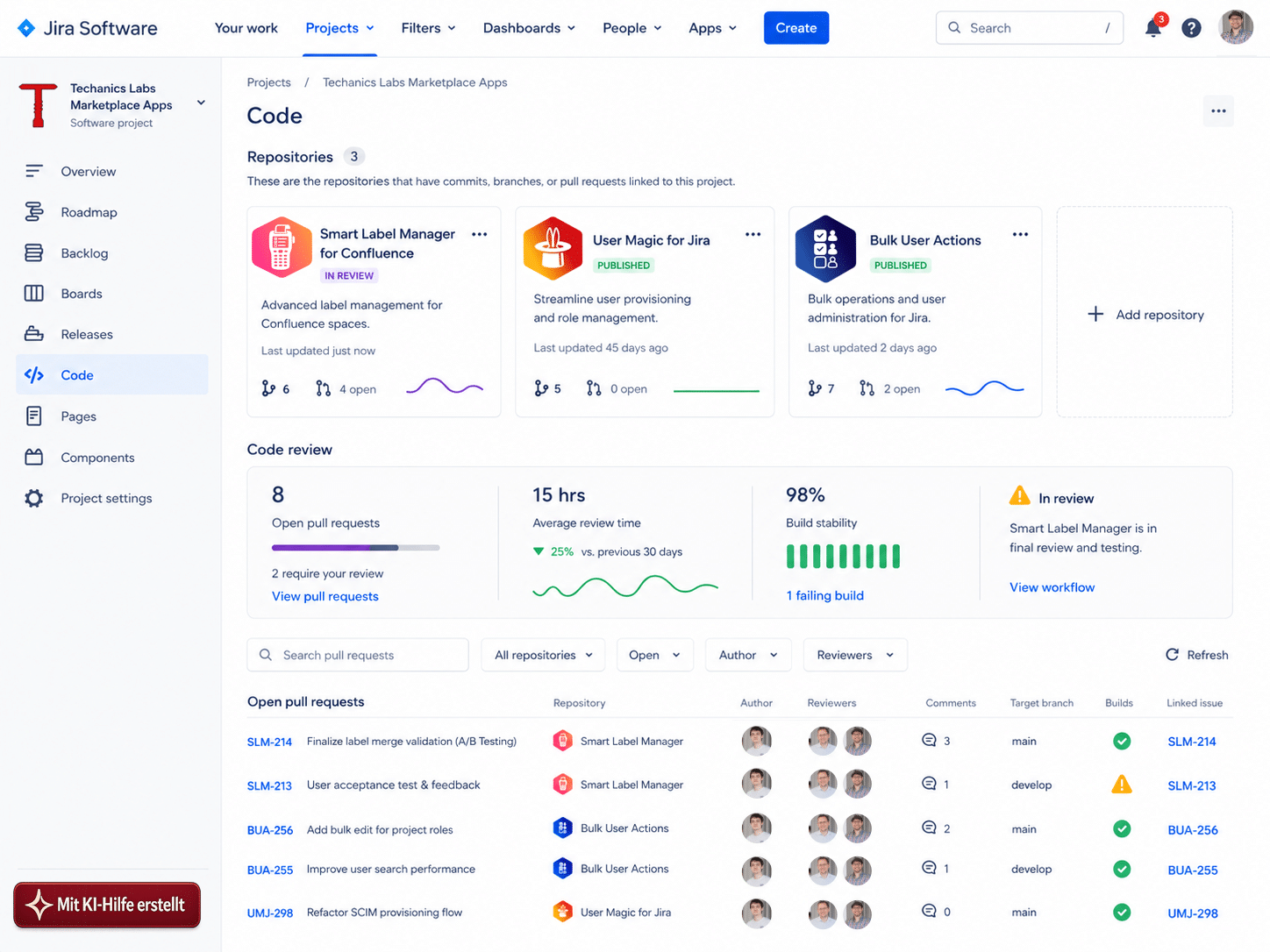 Jira Software mit angebundener Softwareentwicklung über Bitbucket, GitHub, Branches, Pull Requests, Builds und Deployments