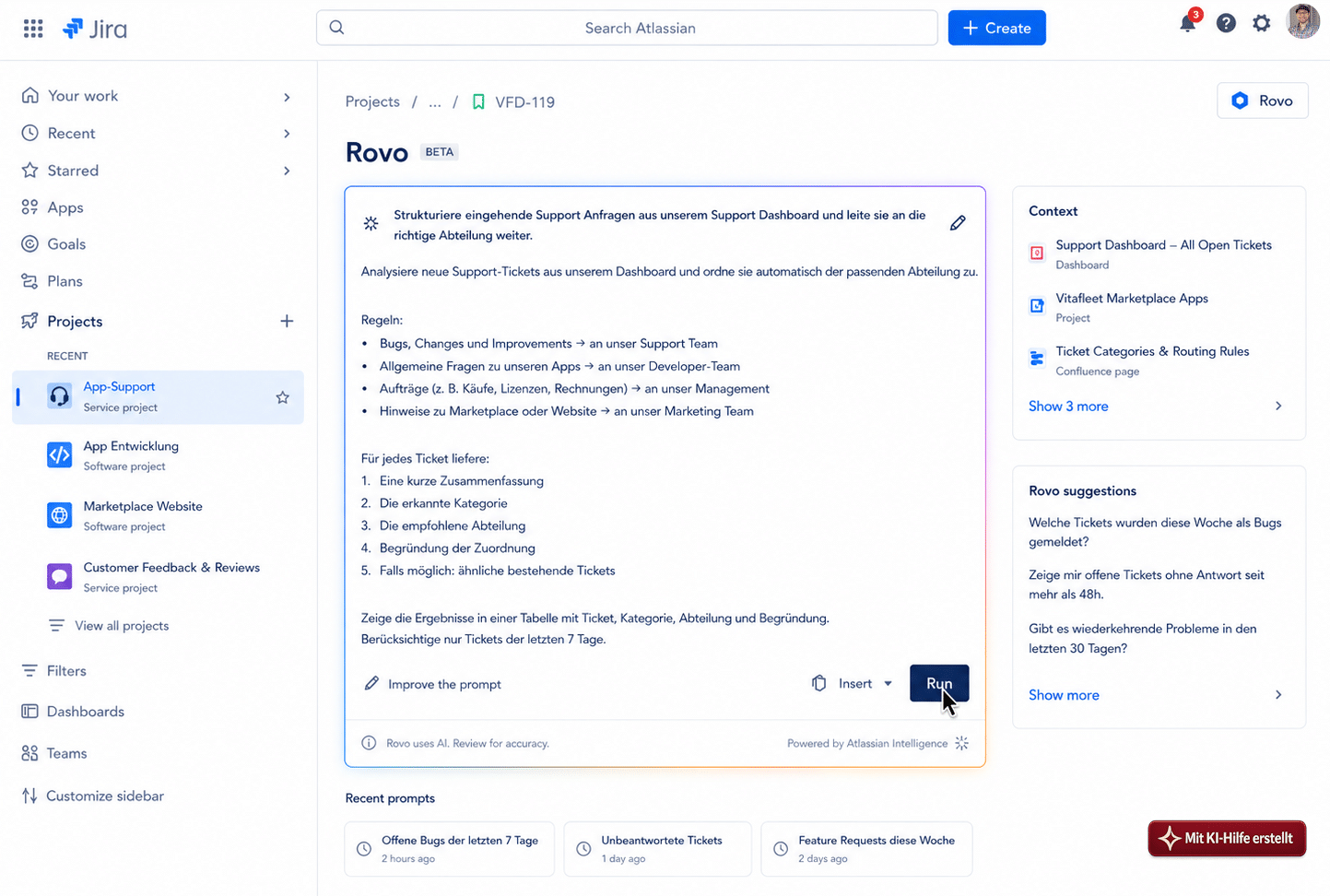 Jira Software mit Rovo und KI-Unterstützung für Zusammenfassungen, Aufgabenstrukturierung, Automatisierung und schnelleren Projektkontext