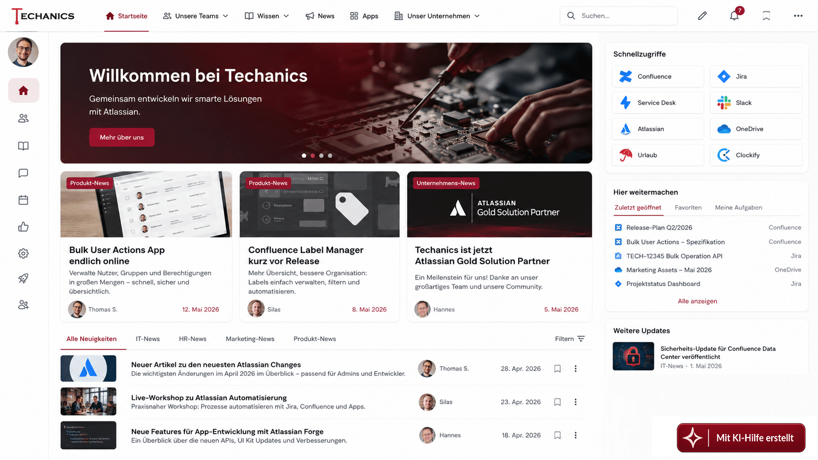 Ein Social Intranet mit Confluence stärkt Austausch, Vernetzung und interne Kommunikation durch Profile, Communities und gemeinsame Beiträge.