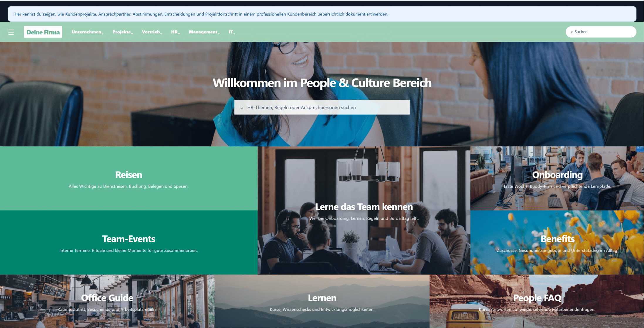 Ansprechend gestalteter HR-Bereich in Confluence mit Aura-Elementen, intuitiver Navigation, Onboarding-Inhalten, Richtlinien und schnell erreichbaren Unternehmensbereichen