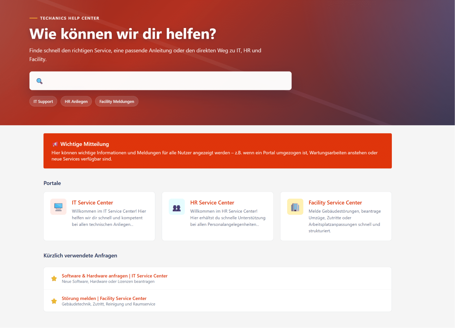 Beispielansicht eines Serviceportals/Helpdesk mit Suche, Anfragebereichen und Self-Service-Einstieg.