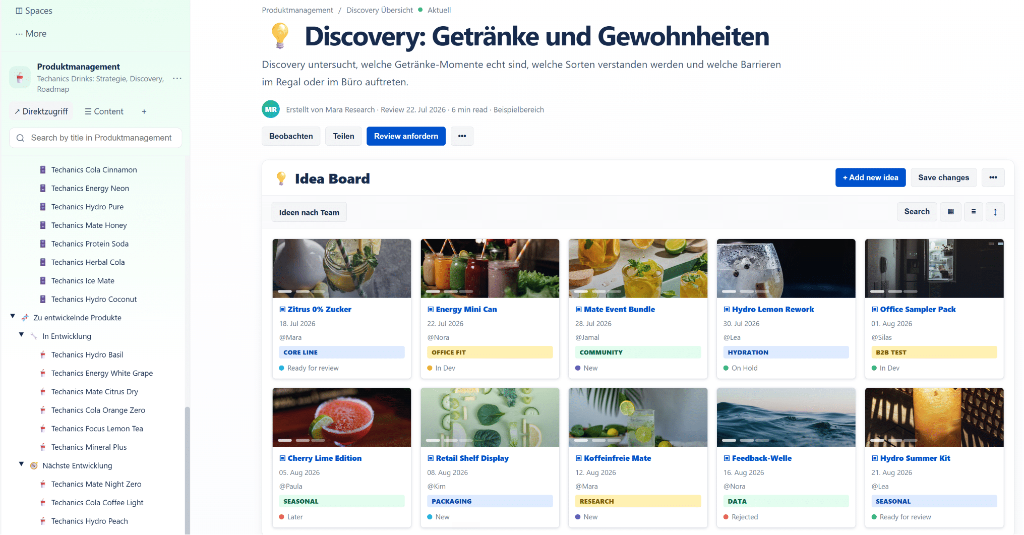 Visuell gestalteter Confluence-Bereich für Produktmanagement mit Ideensammlung, Produktdokumentation, Jira-Anbindung, Assets und übersichtlicher Darstellung von Produktwissen