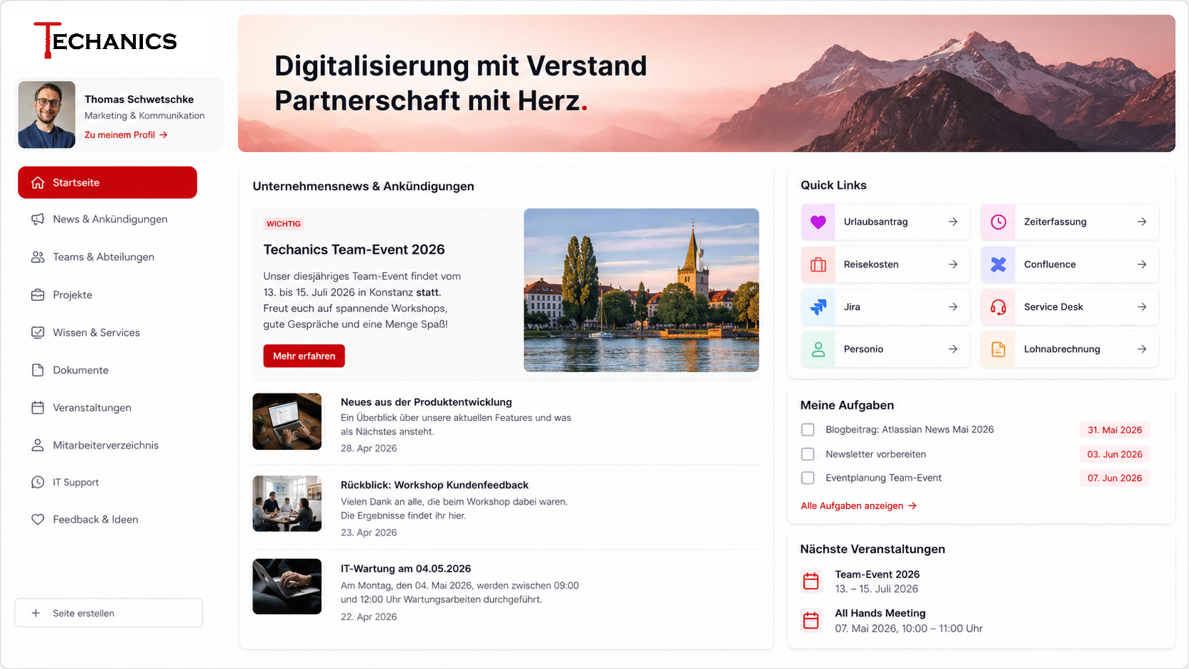 Confluence Intranet mit Dashboard, Ankündigungen, Artikeln, Quicklinks, Aufgaben und Veranstaltungen