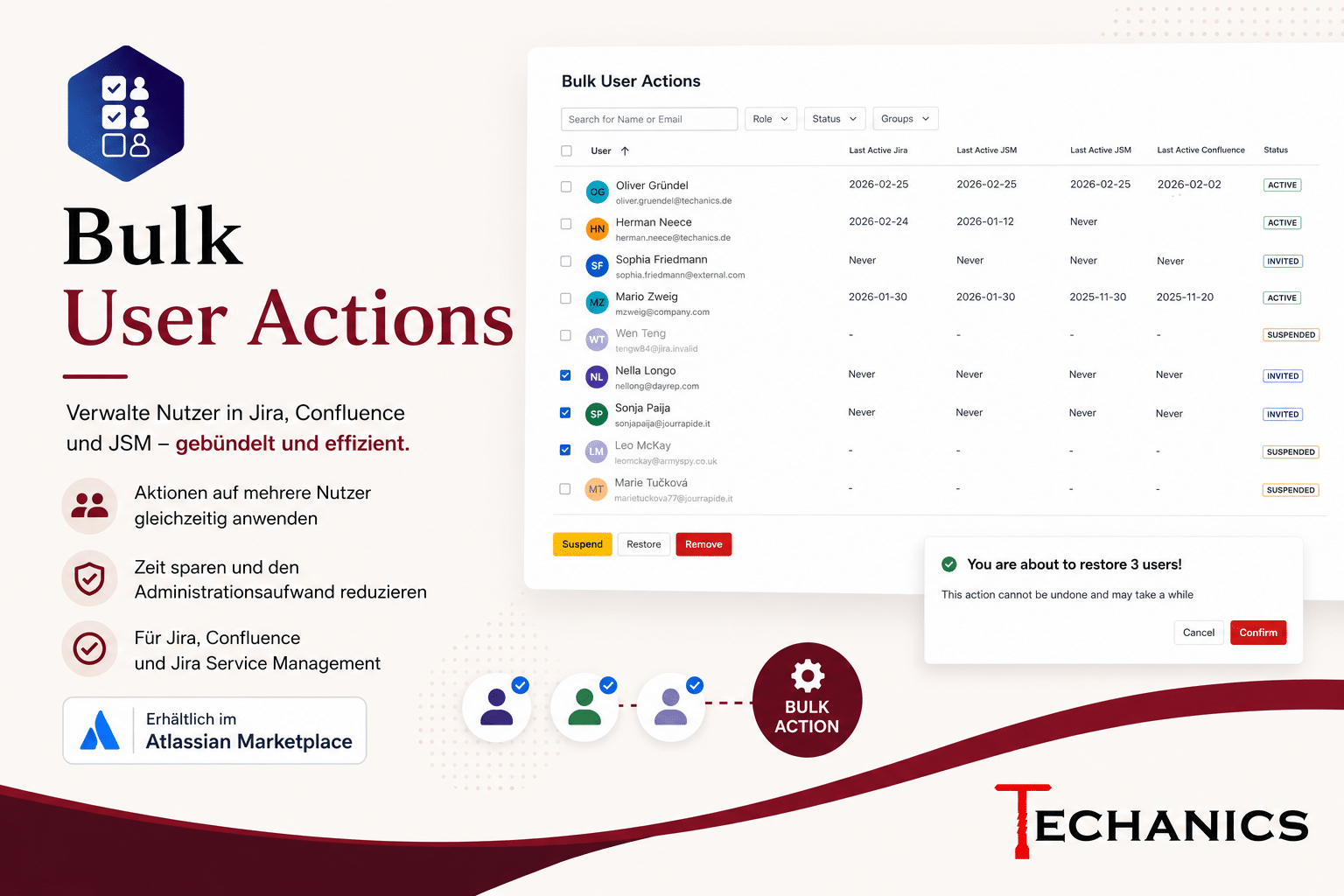 Beitragsbild zu Bulk User Actions von Techanics Labs für die gleichzeitige Verwaltung mehrerer Atlassian-Nutzer