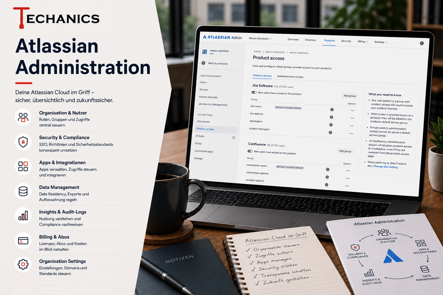 Atlassian Administration bei Techanics für Organisation, Nutzer, Zugriffe, Admin-Rollen, Security und Governance