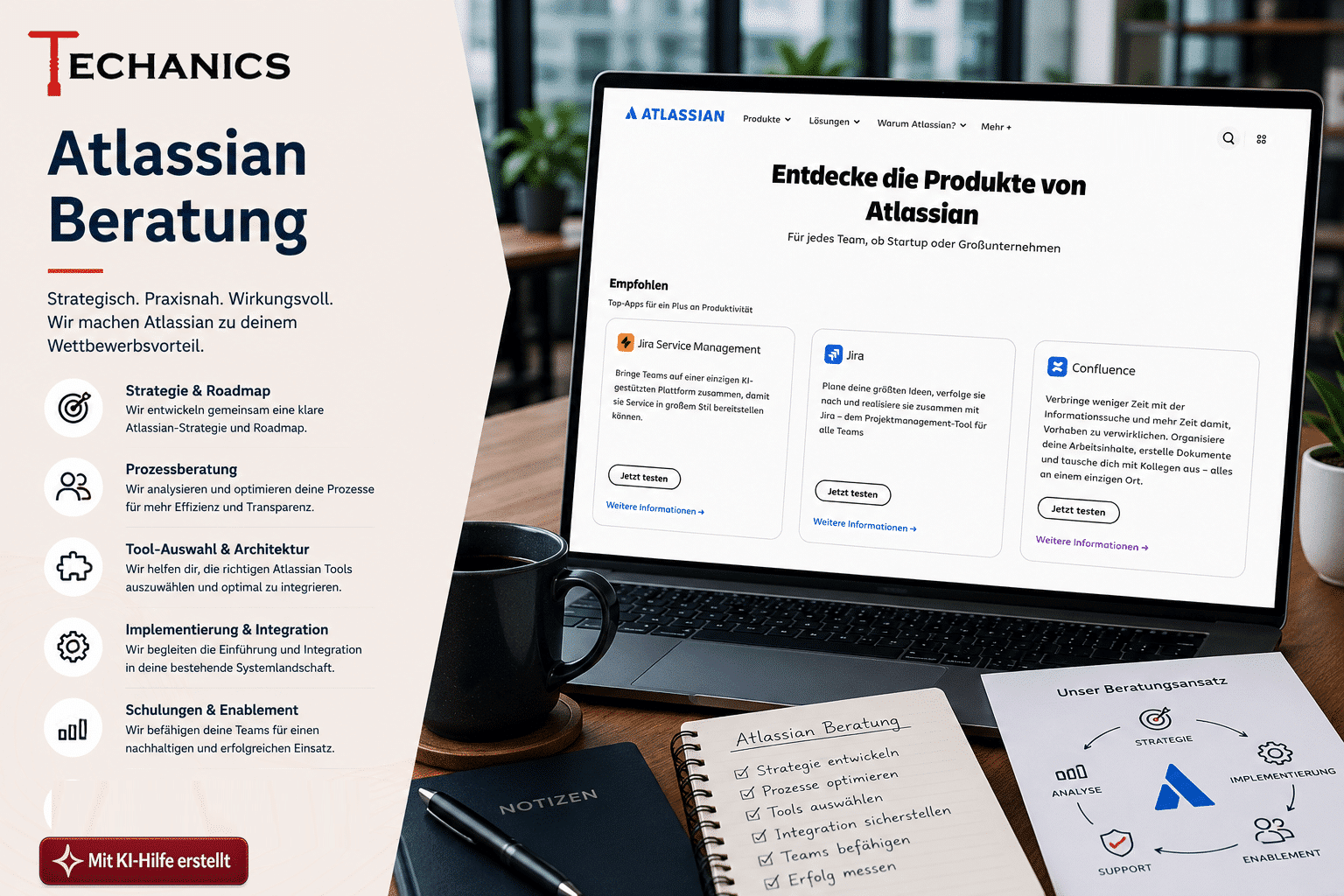 Atlassian Beratung von Techanics zur Verbindung von Jira (Software) mit Confluence, Bitbucket, Jira Product Discovery, Rovo und Marketplace Apps