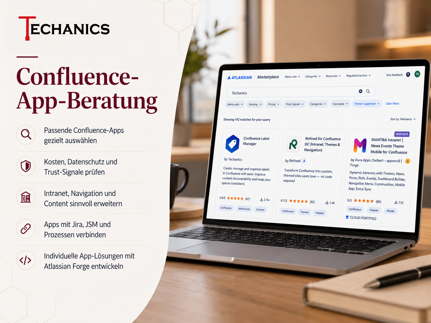 Confluence-App-Beratung von Techanics zu Marketplace Apps, Makros, Kosten, Datenschutz und individueller App-Entwicklung mit Atlassian Forge