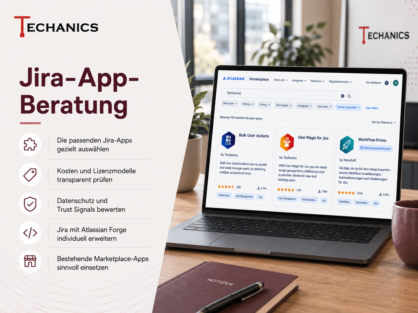 Jira-App-Beratung von Techanics zu Auswahl, Kosten, Sicherheit, Einrichtung und individueller App-Entwicklung mit Atlassian Forge