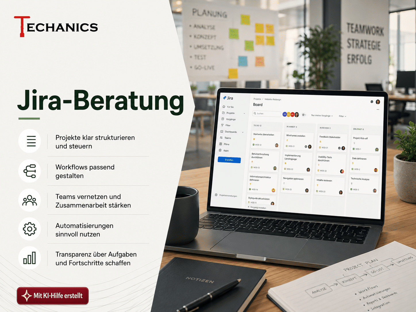 Jira Beratung von Techanics für individuell konfigurierte Jira (Software) Lösungen mit Workshops, Boards, Workflows, Automation und Integrationen