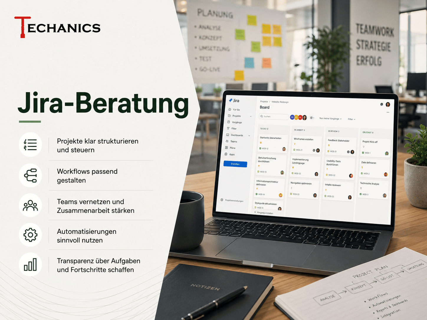 Jira Beratung von Techanics zu Jira Setup, Prozessen, Administration, Strategie und Umsetzung