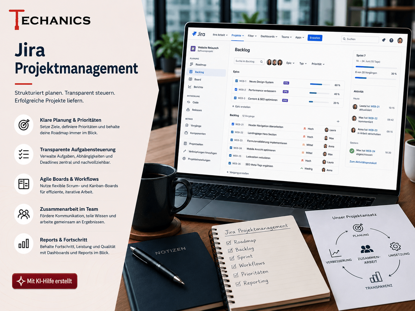 Jira Projektmanagement mit Jira (Software) für Backlogs, Sprints, Kanban, Roadmaps, Ziele, Abhängigkeiten und transparente Projektsteuerung