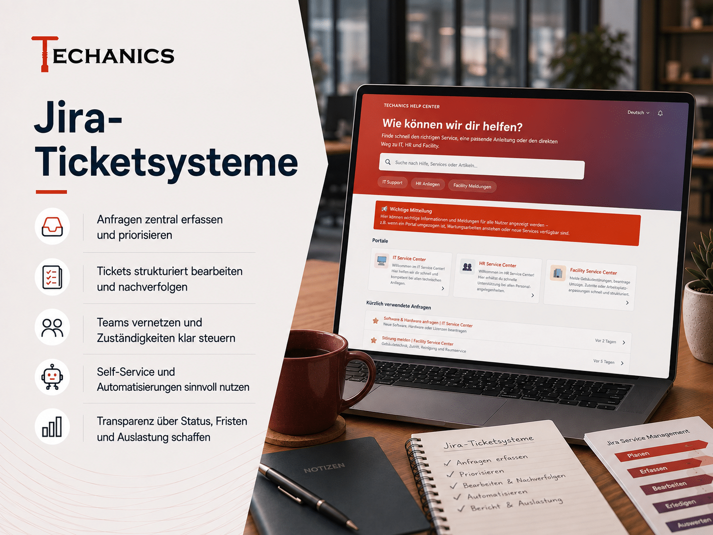 Jira Ticketsystem mit Help Center, Request Types, Queues, Workflows und SLAs für interne und externe Serviceanfragen
