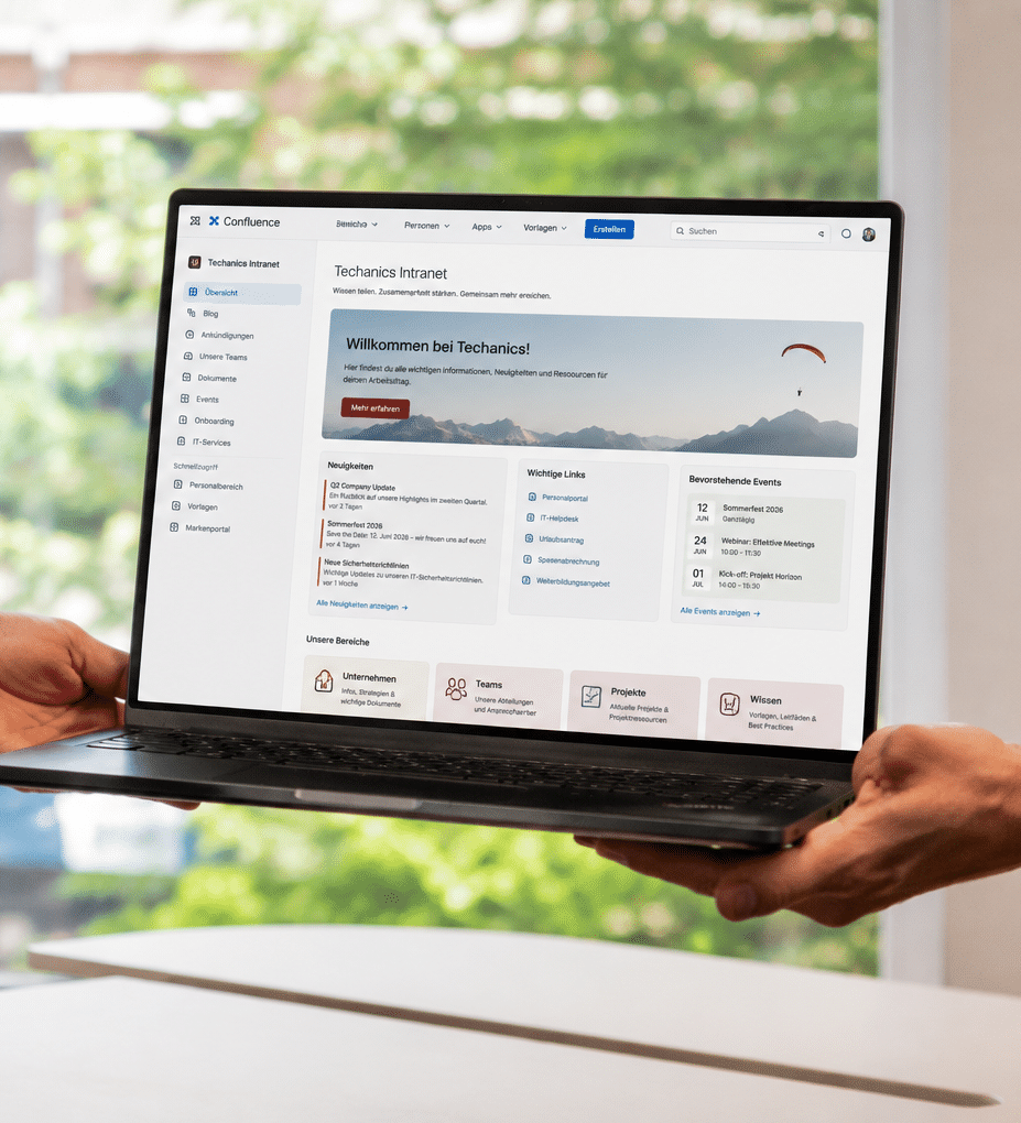 Confluence Wiki mit klarer Seitenstruktur, Wissensbereichen, Vorlagen, Unternehmenswissen und intuitiver Nutzung im Arbeitsalltag