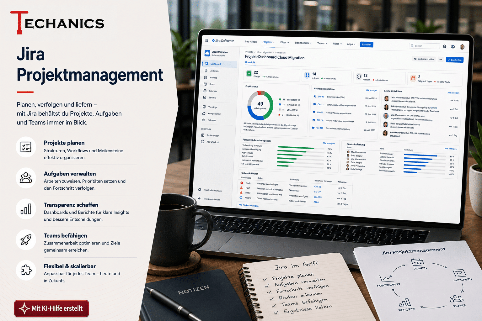 Jira Projektmanagement mit Techanics für Projektstrukturen, Workflows, Boards, Timelines, Automatisierungen und Dashboards