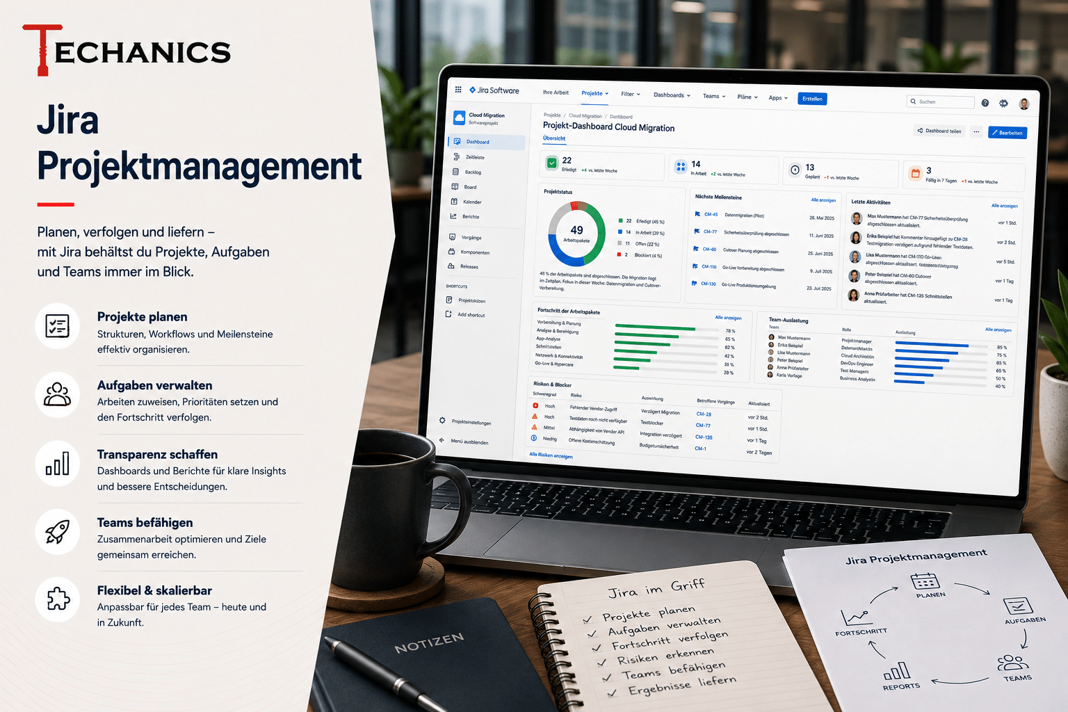 Jira Projektmanagement mit Techanics für Projektstrukturen, Workflows, Boards, Timelines, Automatisierungen und Dashboards