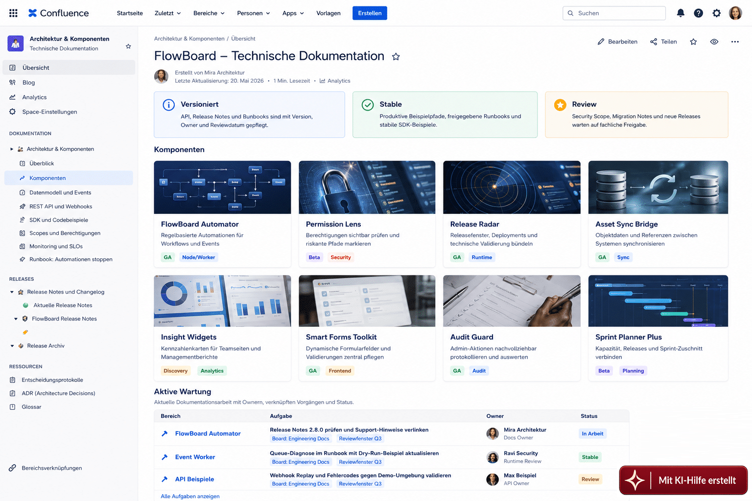 Confluence-Wiki für technische Dokumentationen mit Review-Bereich, Team-Bereich, Projektbereich, Release-Notes und Tickets