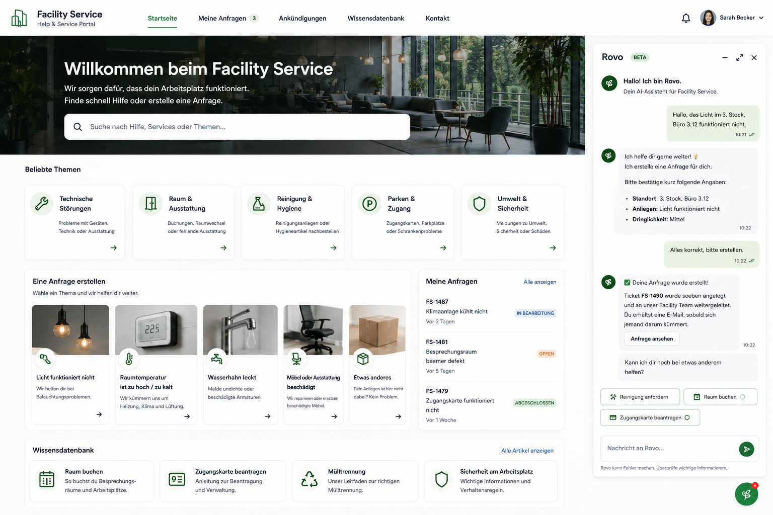 Jira Service Desk für Reparaturen, Wartungen, Raumprobleme und Arbeitsplatzanfragen mit Standorten, Zuständigkeiten, Assets und transparentem Bearbeitungsstatus.