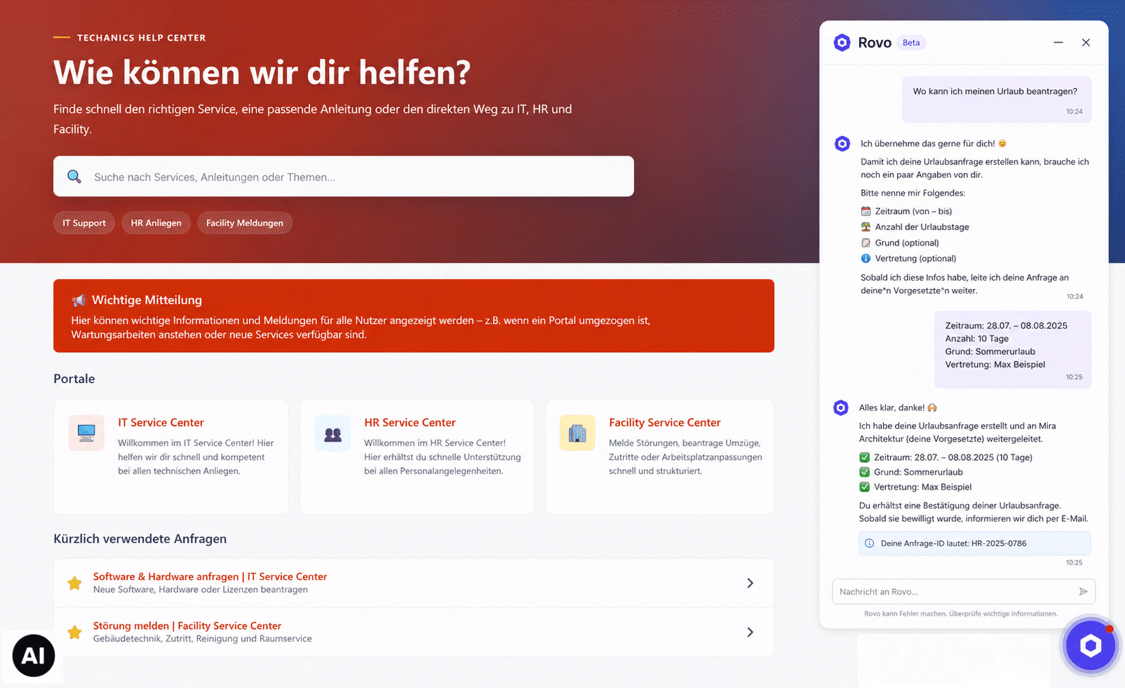 Service Desks mit Jira Service Management: mit intuitivem Help Center, Confluence-Wissensartikeln, Rovo-Unterstützung und übersichtlichen Anfragetypen für schnellen Self-Service.