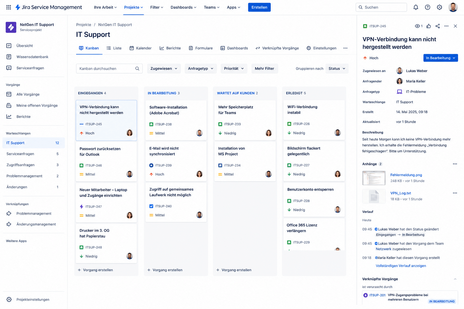 Jira Service Desk für IT-Support mit Queues, SLAs, Eskalationen, Wissensartikeln und verknüpften Assets für eine strukturierte Bearbeitung technischer Anfragen.
