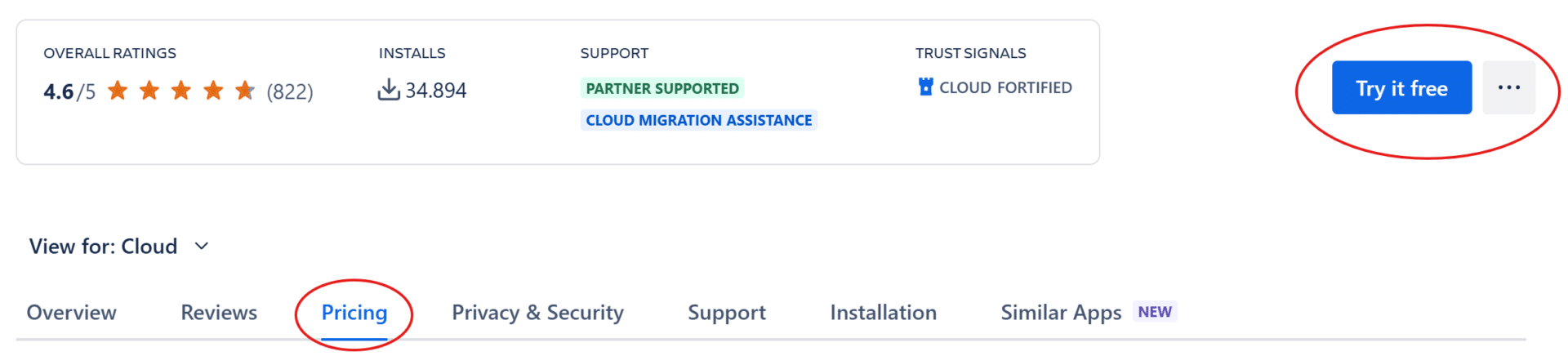 Pricing-Tab einer Confluence App im Atlassian Marketplace mit Nutzerstufe, Laufzeit und Preisrechner