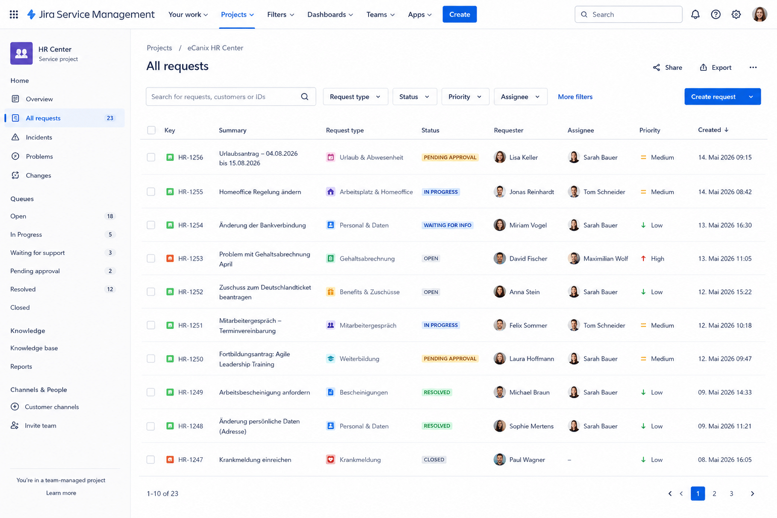 Jira Service Desk für Bewerbungen, Onboarding, Urlaubsanträge, Krankschreibungen und weitere HR-Anfragen mit Formularen, Freigaben und geschützten Zugriffsrechten.